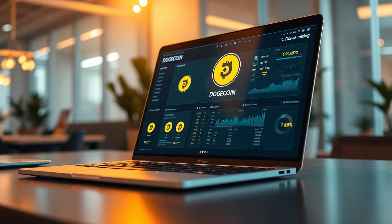 Dogecoin cloud mining interface displayed on a modern laptop, symbolizing cryptocurrency innovation.