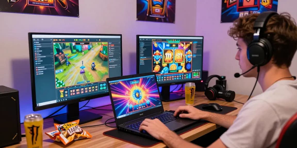 Player immersed in a slot depo 5k game on gaming laptop, colorful screens and snacks around.