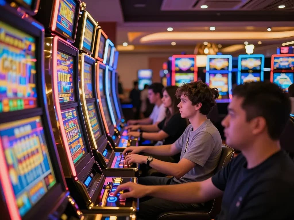 Players engaging with slot 10000 machines in a colorful, lively casino environment.