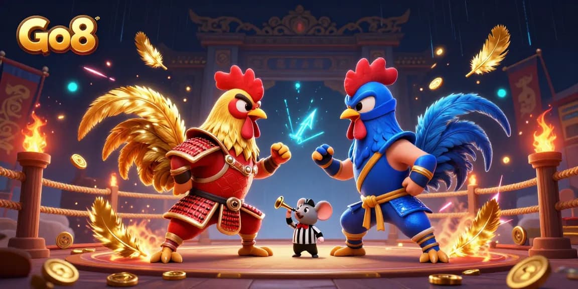Engage with Go8's thrilling cockfighting showdown featuring samurai and ninja roosters in a dynamic arena.