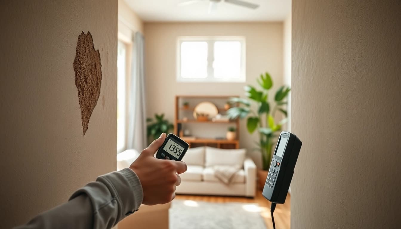 Inspecting dampness from spray foam causing damp in a home with technician and moisture meter.