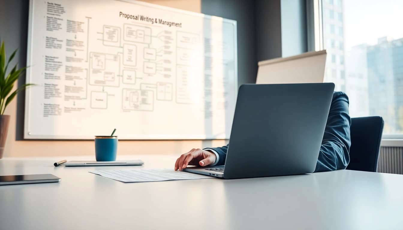 Engaging visual of Proposal Writing and Management in action at a professional workspace.