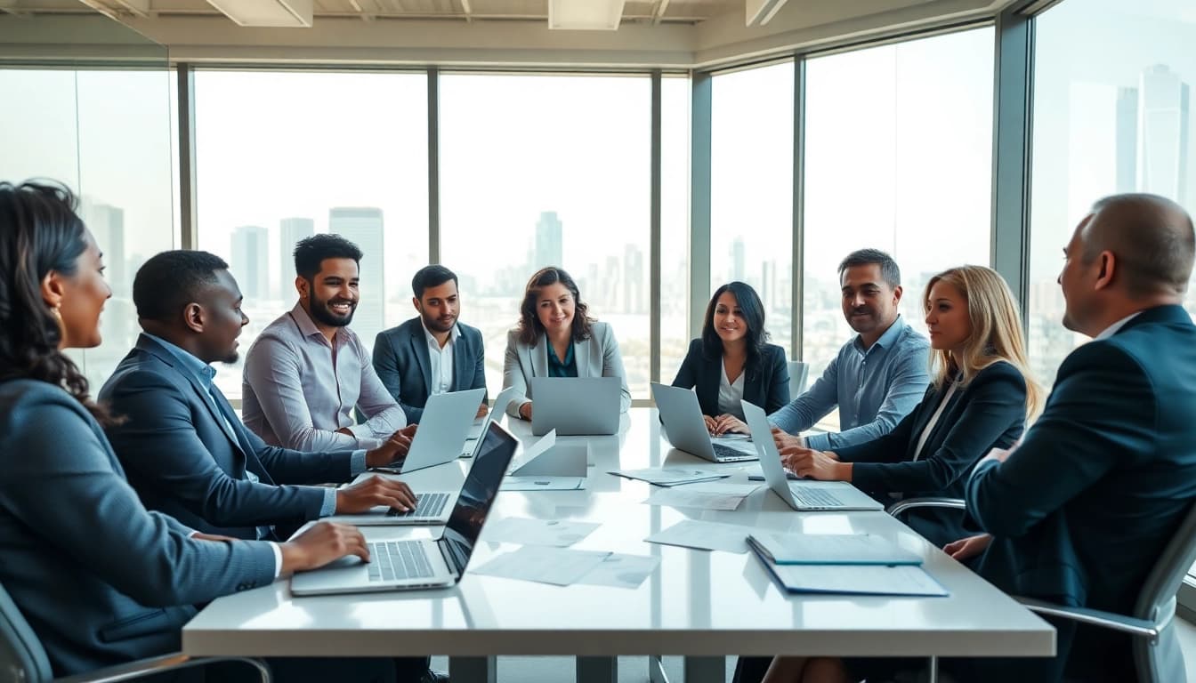 Professionals discussing competitor pricing strategies in a vibrant office setting