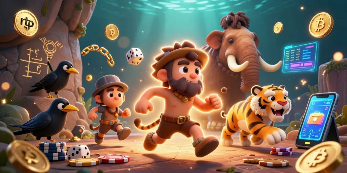 Experience rtp with a dynamic 3D casino scene featuring prehistoric characters and vibrant cryptocurrency elements.