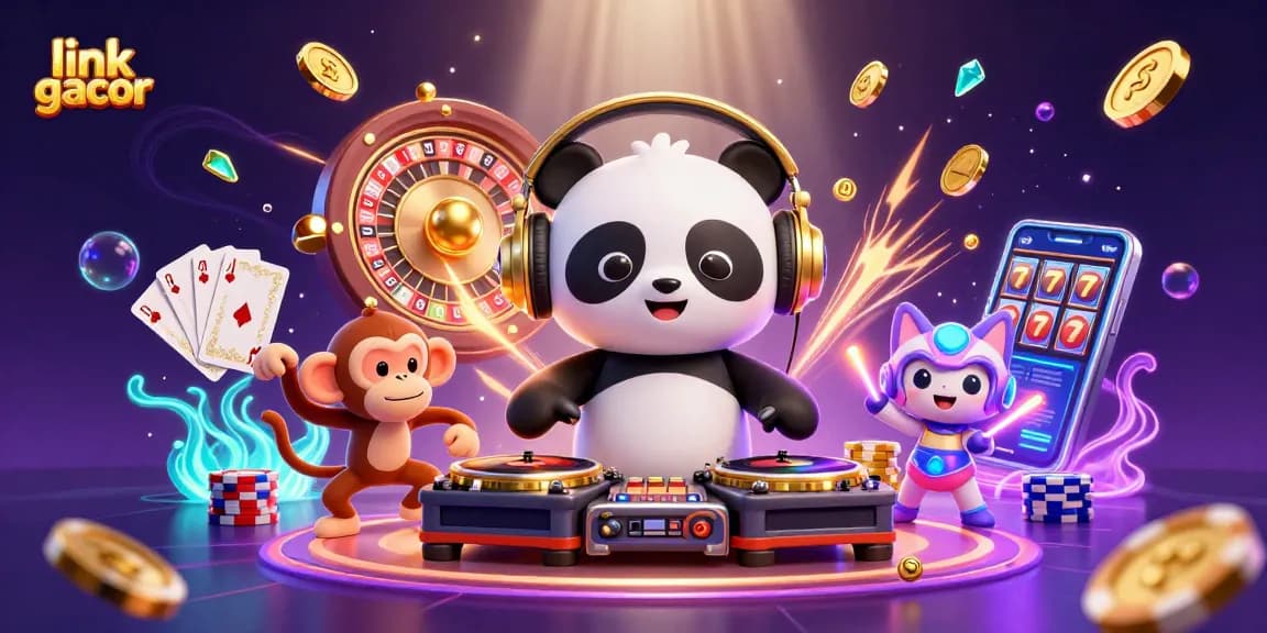 Experience the thrill of link gacor with dynamic characters showcasing exciting casino elements in a vibrant scene.