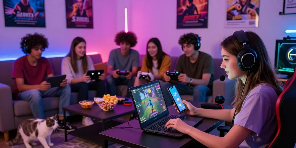Gamers enjoying porngame on laptops and consoles in a cozy setting