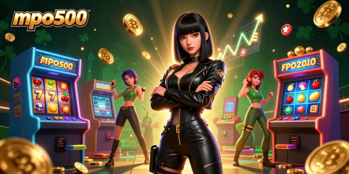 Experience the thrill of mpo500 with a stunning 3D illustration featuring dynamic slot elements and cryptocurrency.