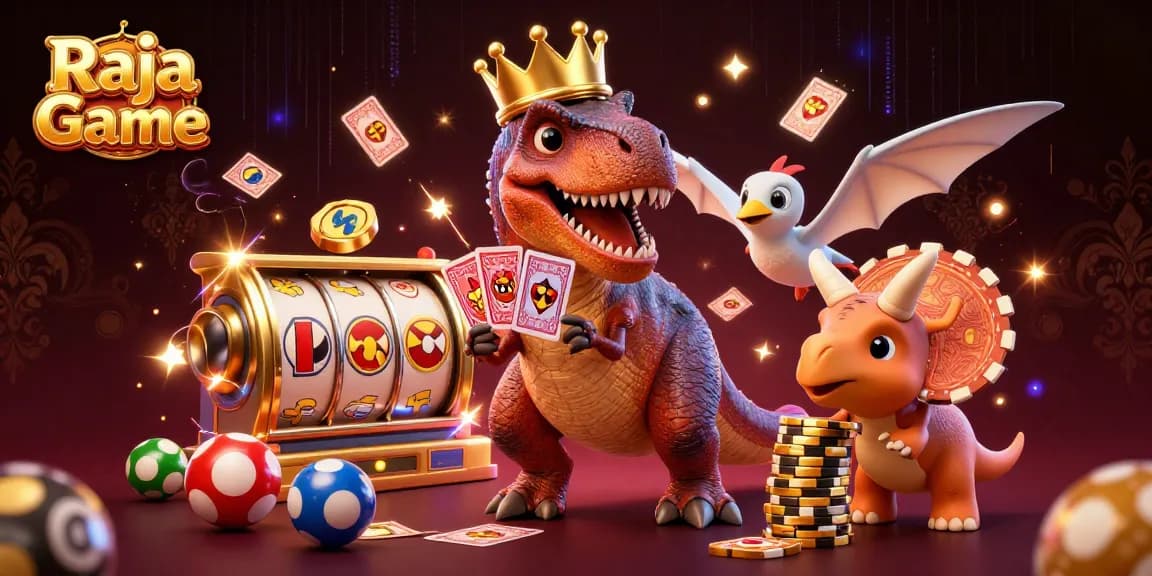 Play exciting games on Raja Game with T-Rex, pterodactyl, and triceratops in a vibrant casino scene.