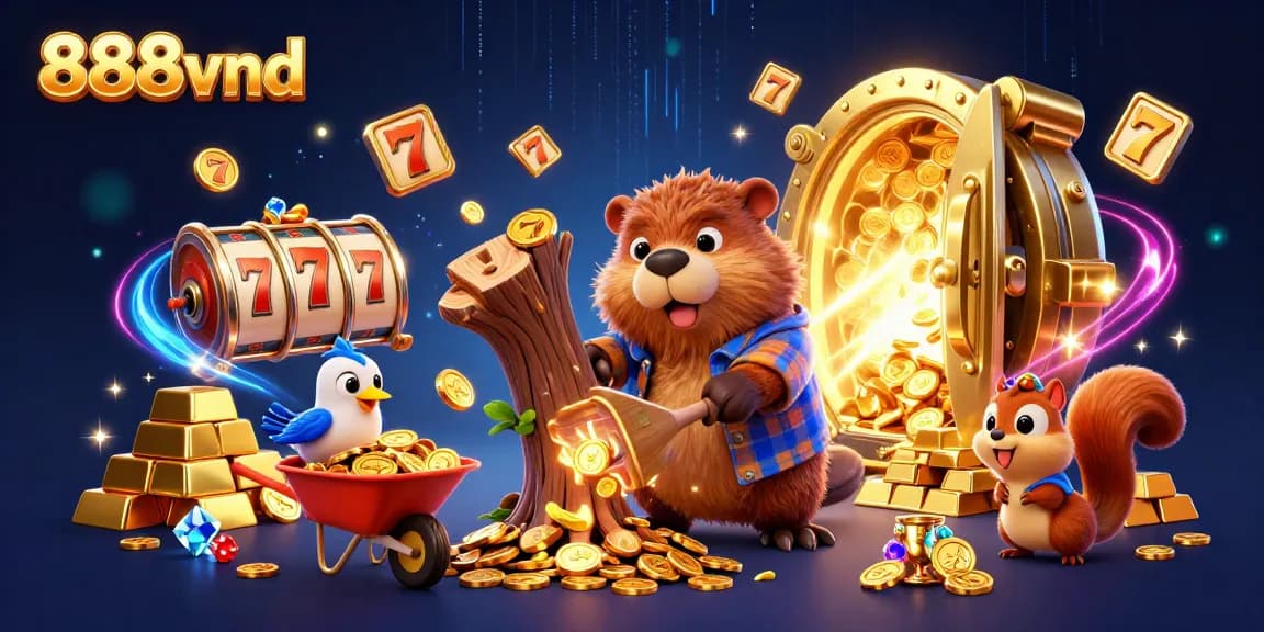 Experience the thrill of slots with 888vnd as cartoon characters collect gold coins in a casino scene.