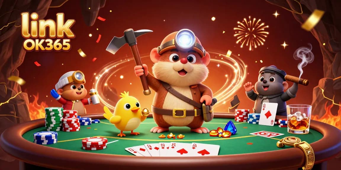 Play thrilling games at link OK365 with a treasure hunter and poker elements in an exciting 3D scene.