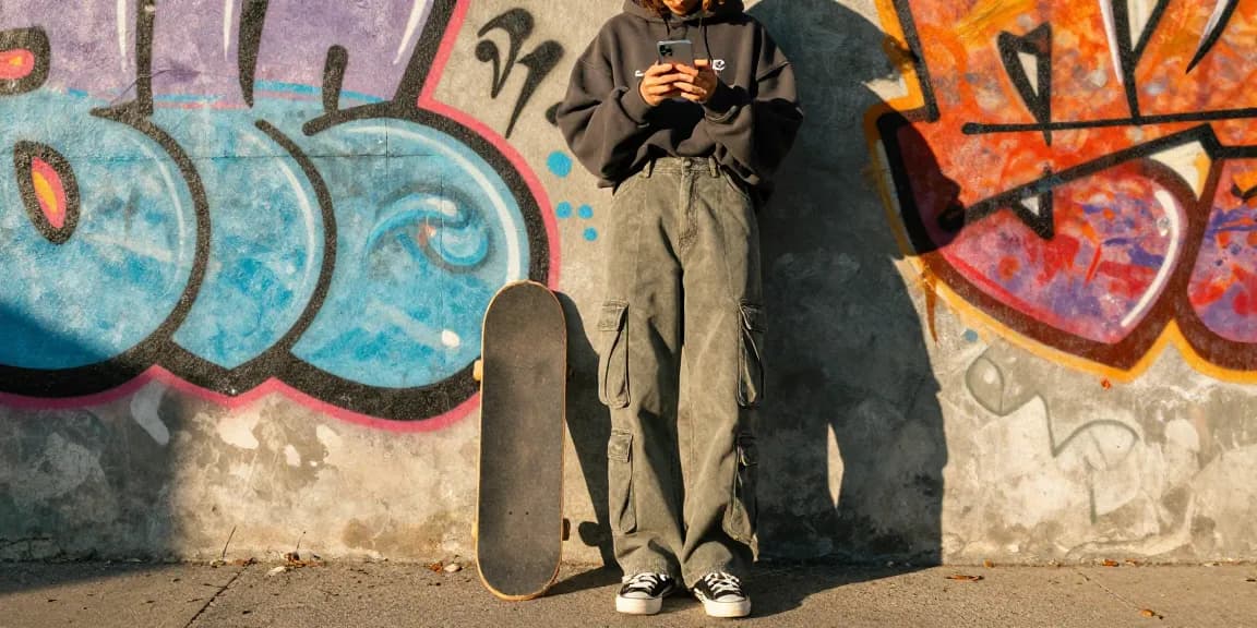 Stylish urban individual in trendy streetwear engaging with shs-dome5.com on smartphone, showcasing vibrant city life.