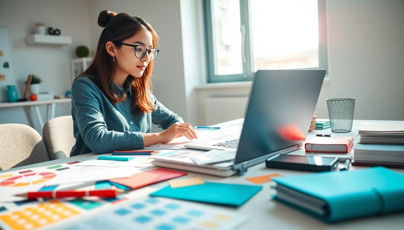 Innovative graphic designer working diligently at https://bestdesignersintheworld.com/ surrounded by vibrant materials.