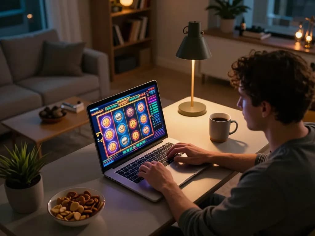 Player enjoying online slots at 888top in a cozy home setup with vibrant visuals