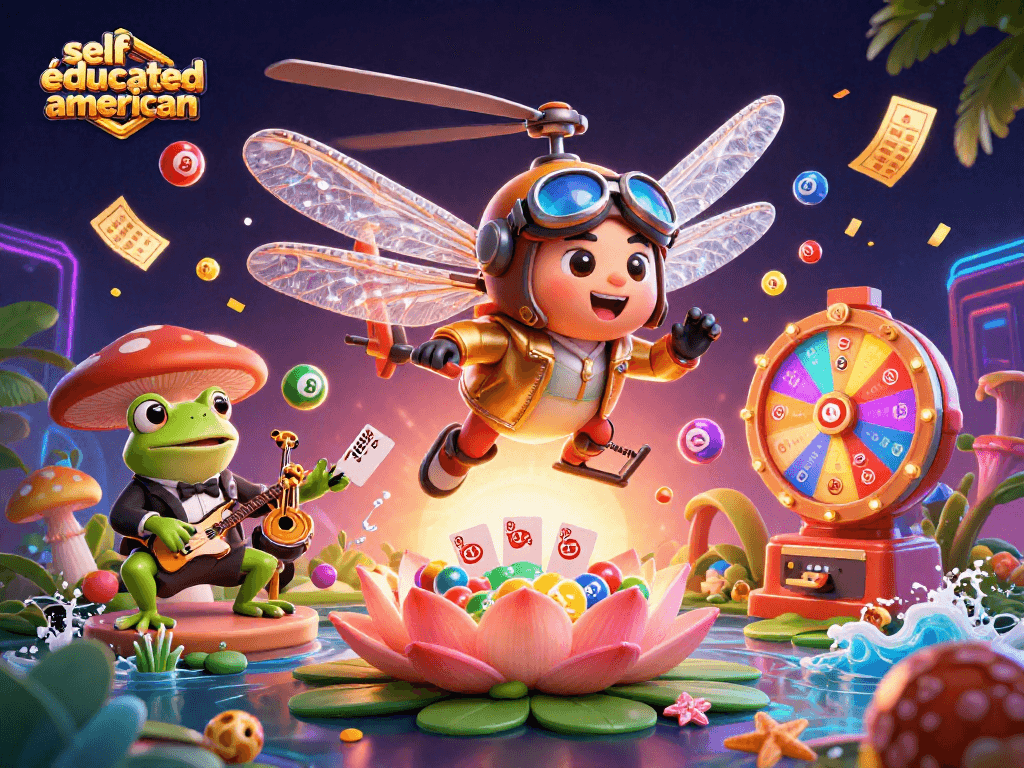 Engage in casino fun at selfeducatedamerican with a dynamic scene featuring a dragonfly pilot and a frog dealer.