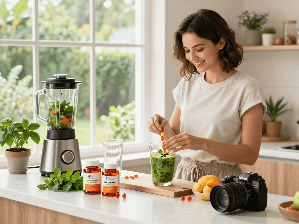 Healthy preparation of smoothie with astaxanthin softgels for vitality