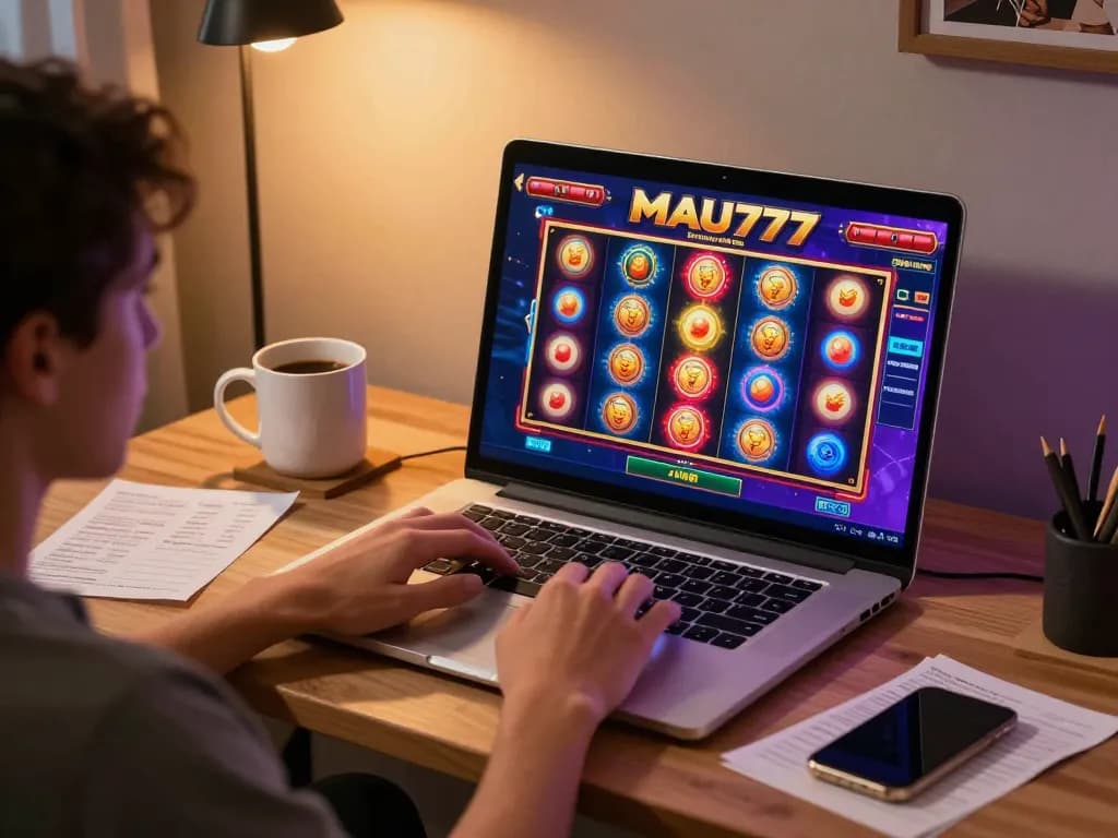 Engaging in online slots at MAU777 with colorful reels and warm lighting