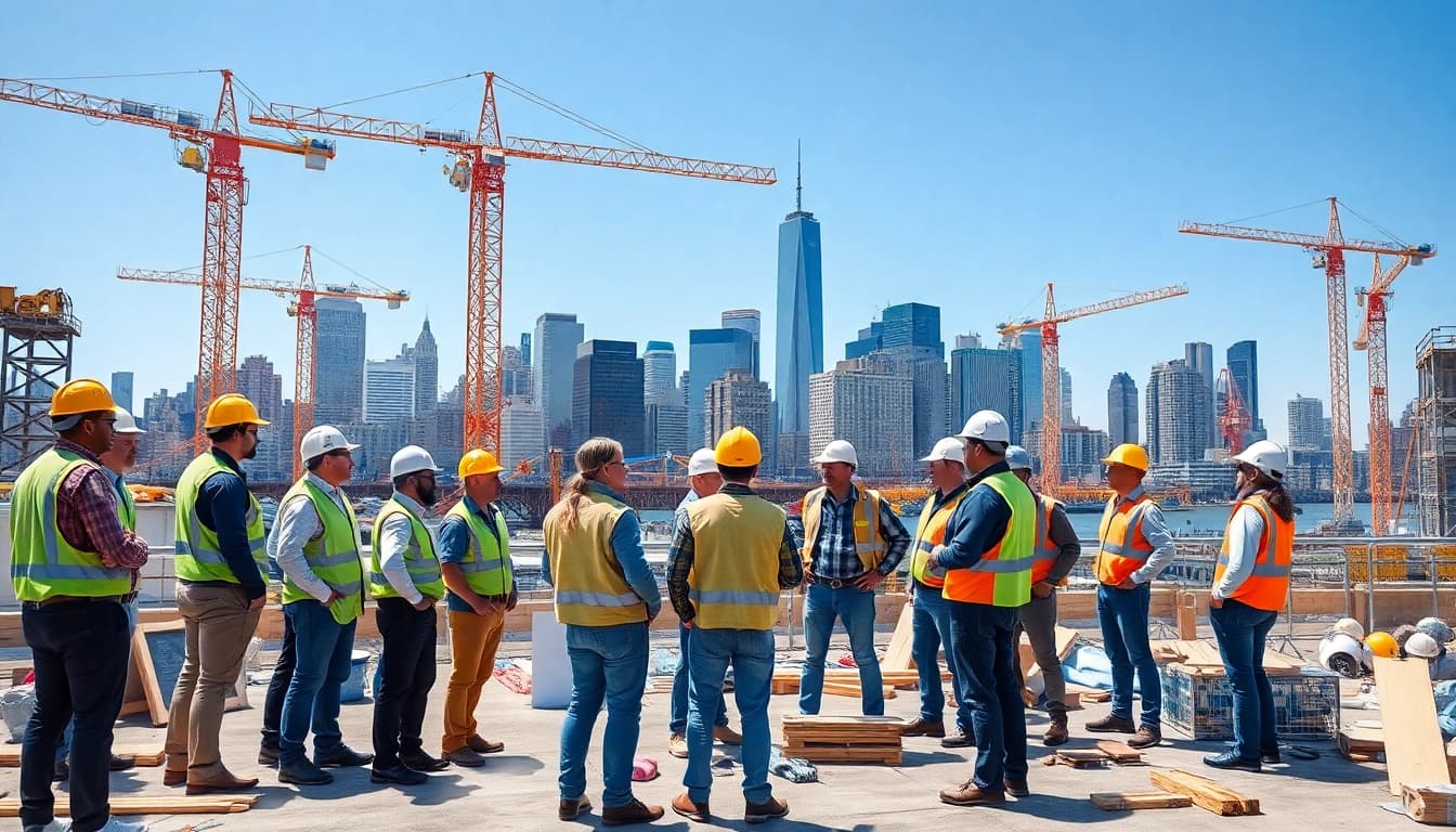 New York General Contractor team collaborating at a bustling construction site with city skyline.