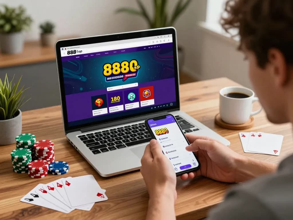 Player enjoying online gaming experience with the 888top app on smartphone, surrounded by strategic poker notes.
