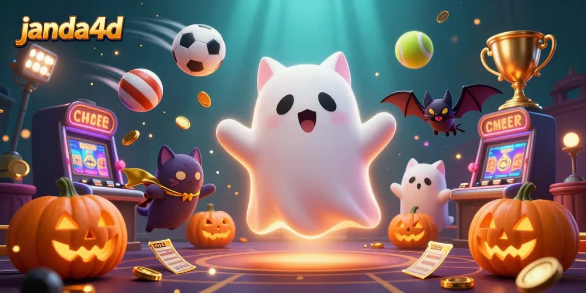 Janda4D menyajikan ilustrasi kasino bergaya kartun dengan karakter kucing hantu dan kelelawar.