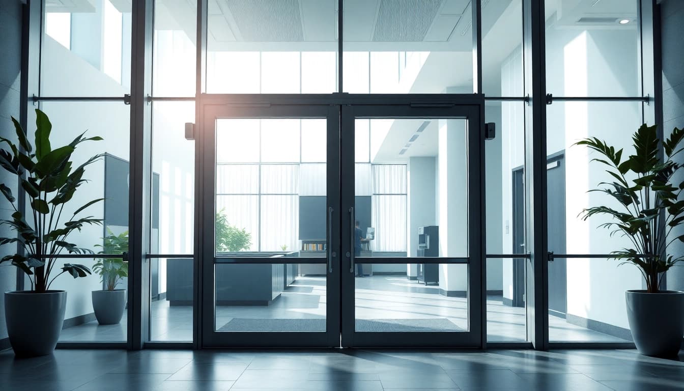 Enhance accessibility with sleek Commercial Automatic Doors in a modern office lobby.