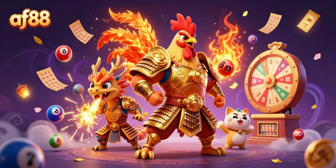 Experience the excitement of af88 with vibrant lottery elements and a fierce warrior in a dynamic casino scene.