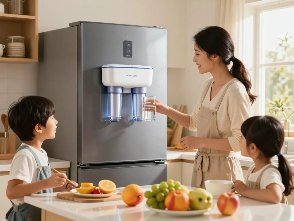 Waterdrop MSWF Refrigerator Water Filter in a family kitchen, showcasing healthy hydration and fresh water preparation.