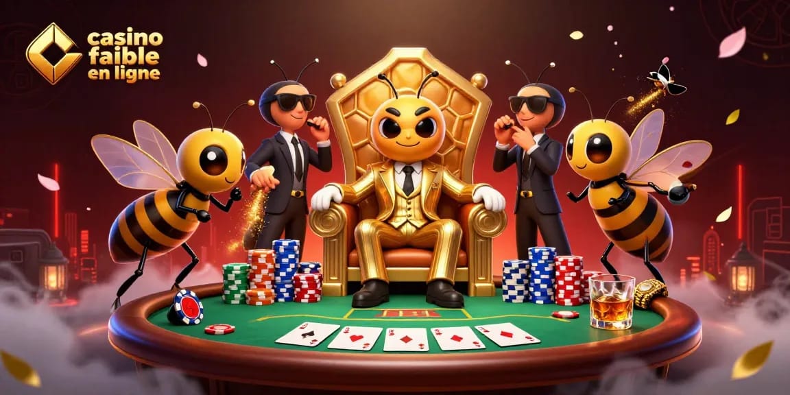 Explorer les casinos fiables en ligne avec cette illustration dynamique présentant un bumblebee en chef, entouré de gardes et de jeux de poker.