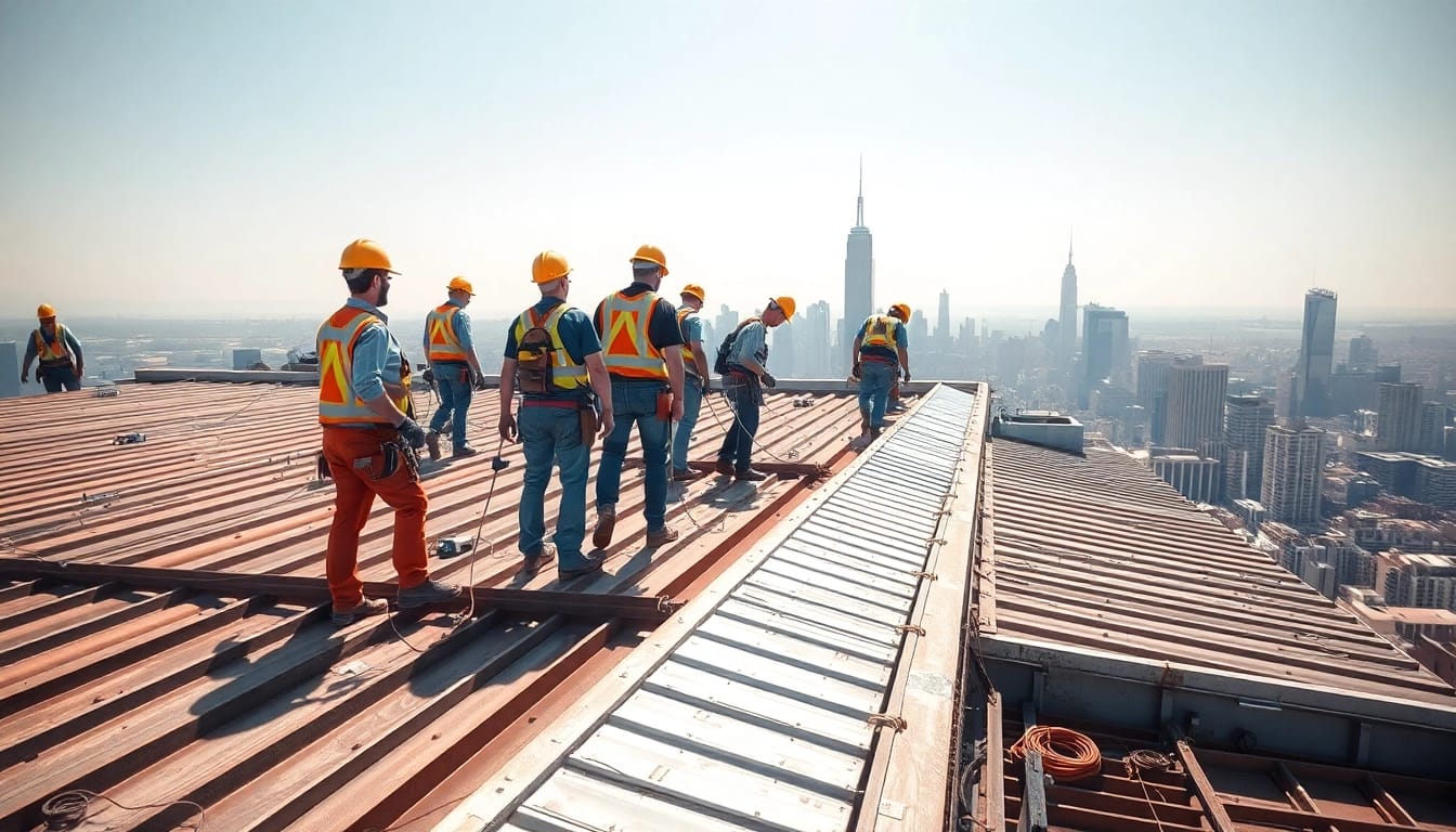 Delivering expert commercial roofing services with a dedicated team on a bustling rooftop setting.