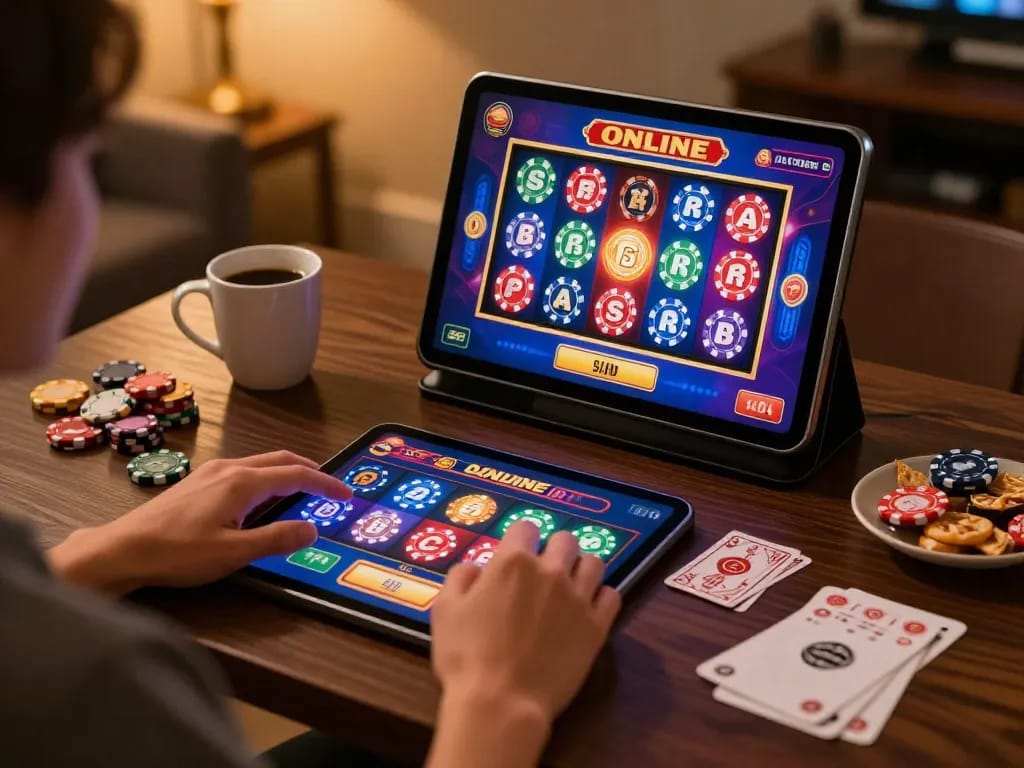 Play casino online senza registrazione on a tablet in a comfortable home setting with vibrant slot graphics.