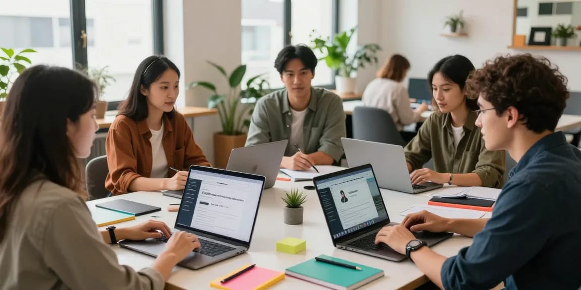 Self-employed professionals collaborating in a vibrant co-working space, showcasing Alltogether Plus profiles.