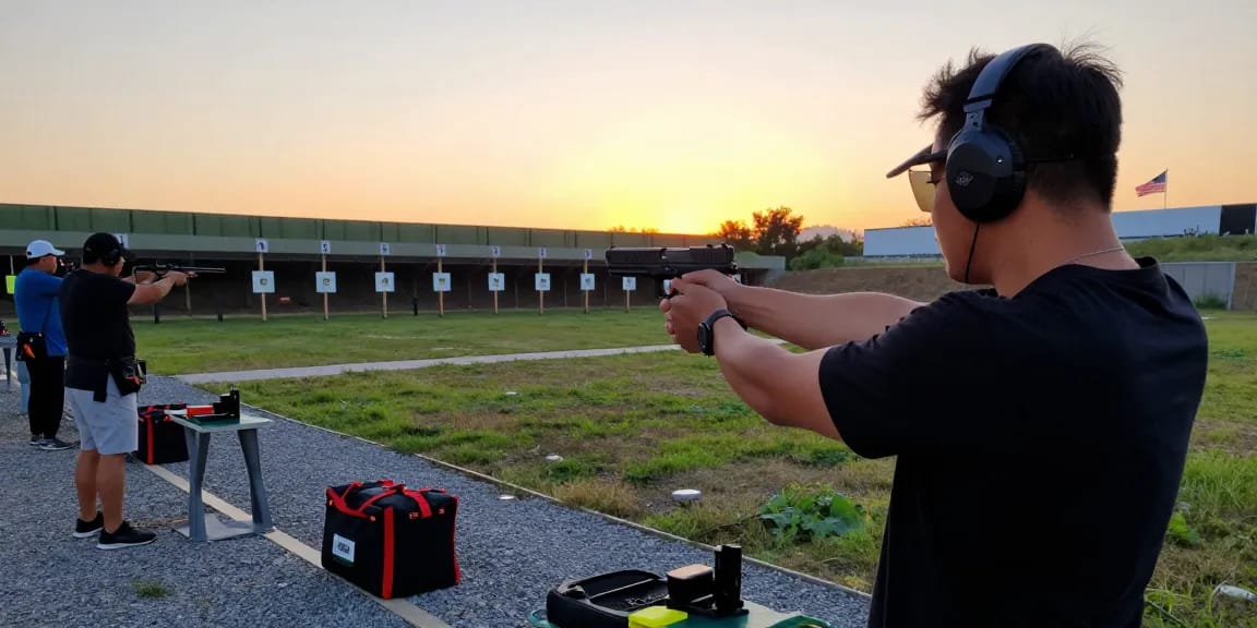 Professional shooter at the range with customized Glock from https://precisionglockslides.com showcasing precision and skill