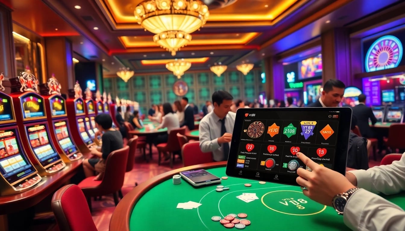 Thrilling scene of gamblers at a casino representing vt88, showcasing vibrant tables and betting excitement.