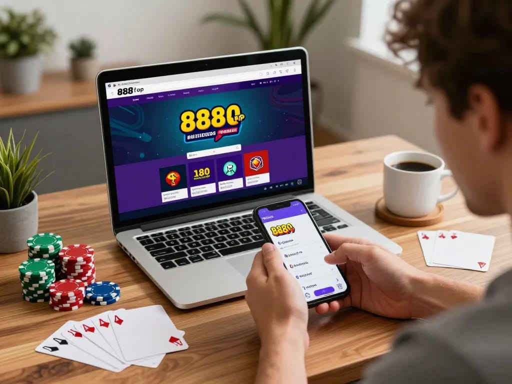 Player enjoying online gaming experience with the 888top app on smartphone, surrounded by strategic poker notes.
