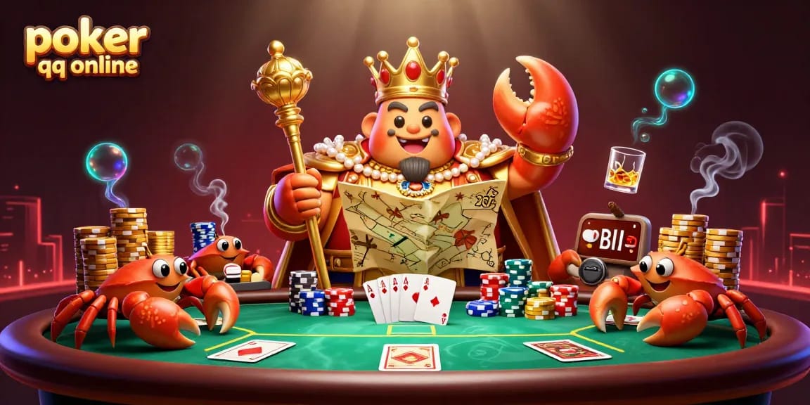 Experience intense poker qq online action with a golden crab emperor and poker elements.