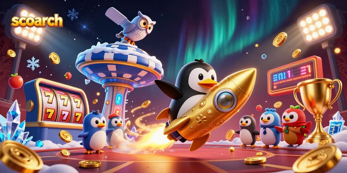 Experience thrilling action at scoarch with a vibrant 3D penguin and casino journey.