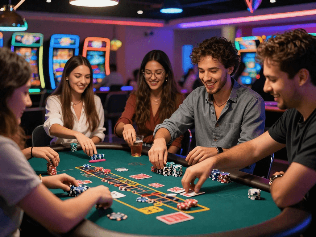 Sòng bạc Jin88: Nhóm bạn chơi game vui vẻ với ánh đèn sống động.