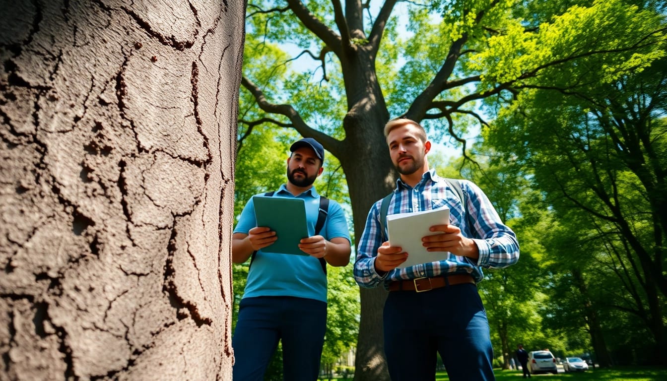 Tree Consultancy professionals evaluating health of urban trees in a sunny park setting.
