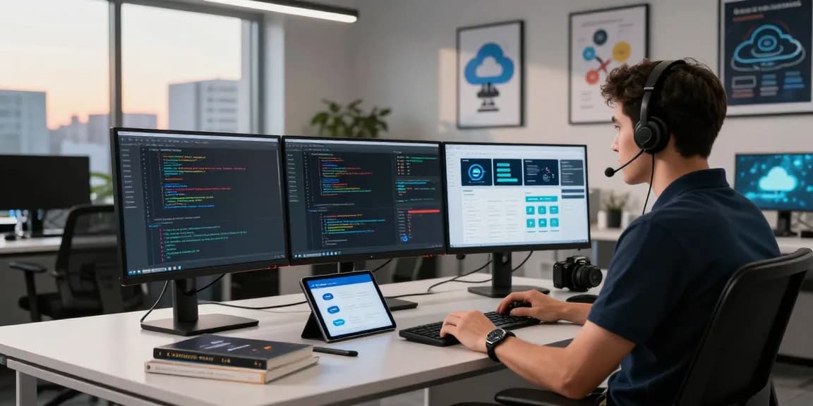 IT professional managing servers and analytics at https://migliorhosting.info/ in a modern office with multiple screens