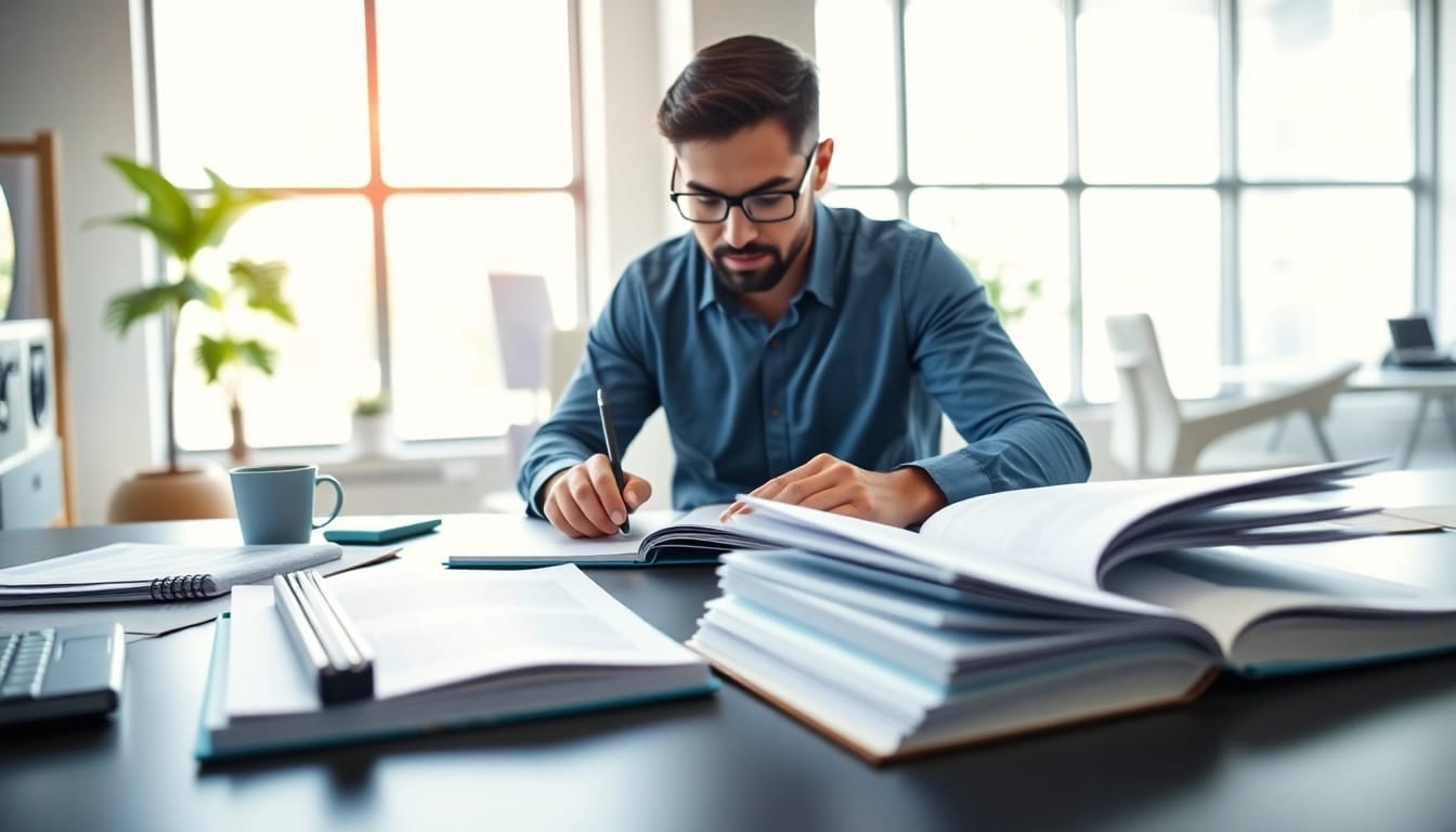Engaging in Technical Documentation Services, a professional writer crafts detailed manuals in a modern workspace.