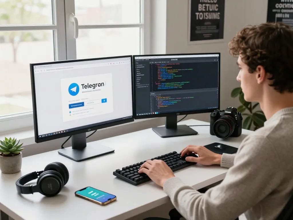 Tech workspace focused on Telegram 下载 with dual monitors, coding tools, and natural light.