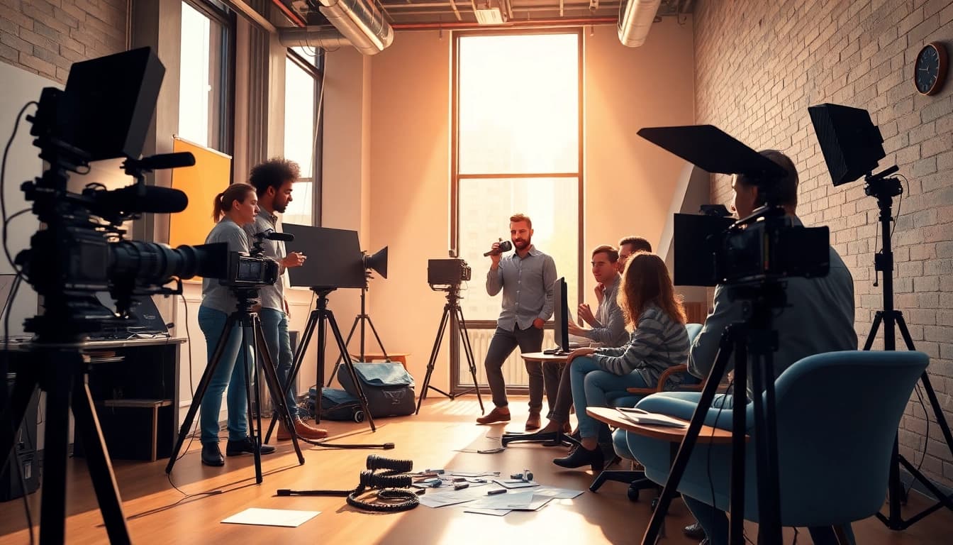 Team of edmonton production companies collaborating in a modern studio, showcasing creativity and technology.