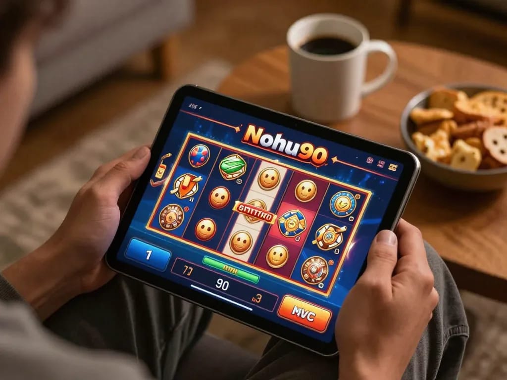 Nohu90 player enjoying a vibrant slot game on a tablet at home.