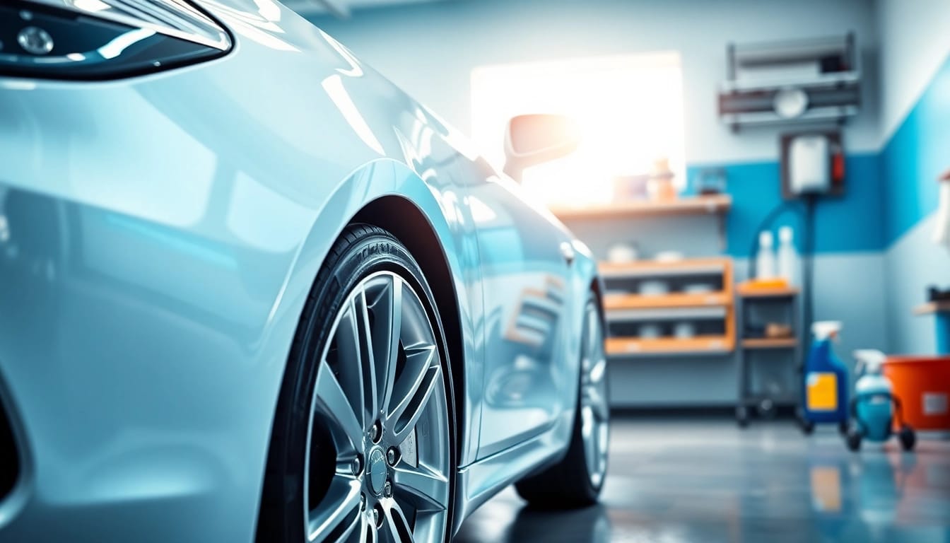 Experience high-quality car detailing near me, showcasing a pristine car in a bright garage.