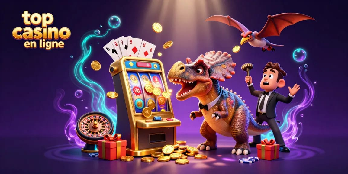 Découvrez des jeux au meilleur casino en ligne où un dinosaure interagit avec des machines à sous.