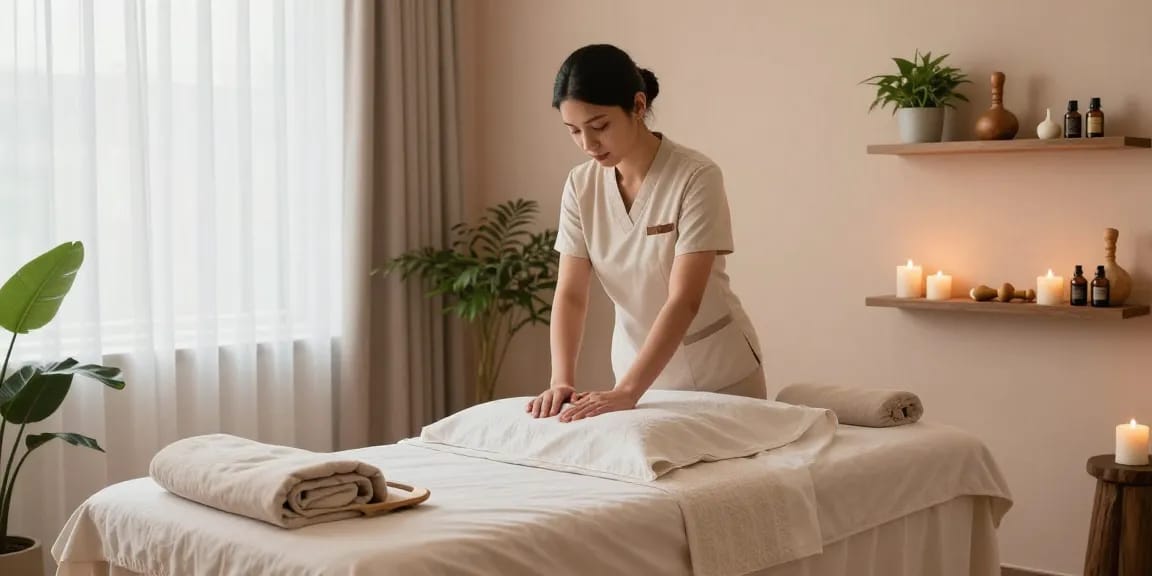 Relaxing Swedish massage setup in a luxurious therapy room at makangs.com/region/국내/서울-/마사지-스웨디시.