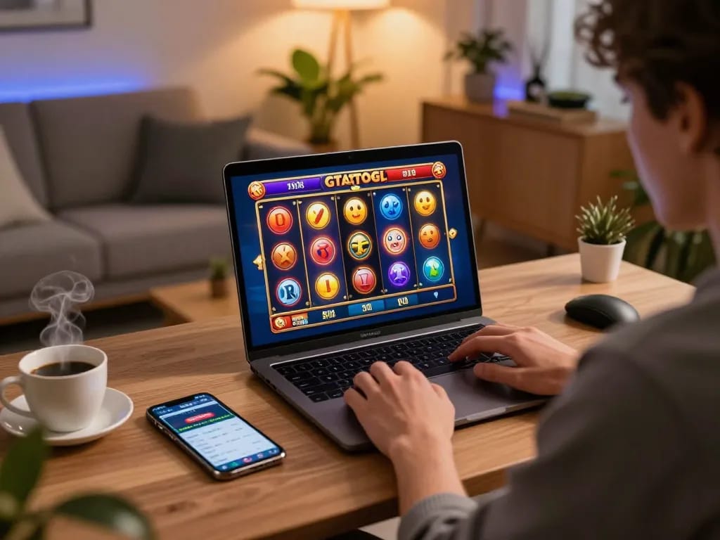 Engaging gameplay on gtatogel slot game displayed on a laptop in a cozy home setting.