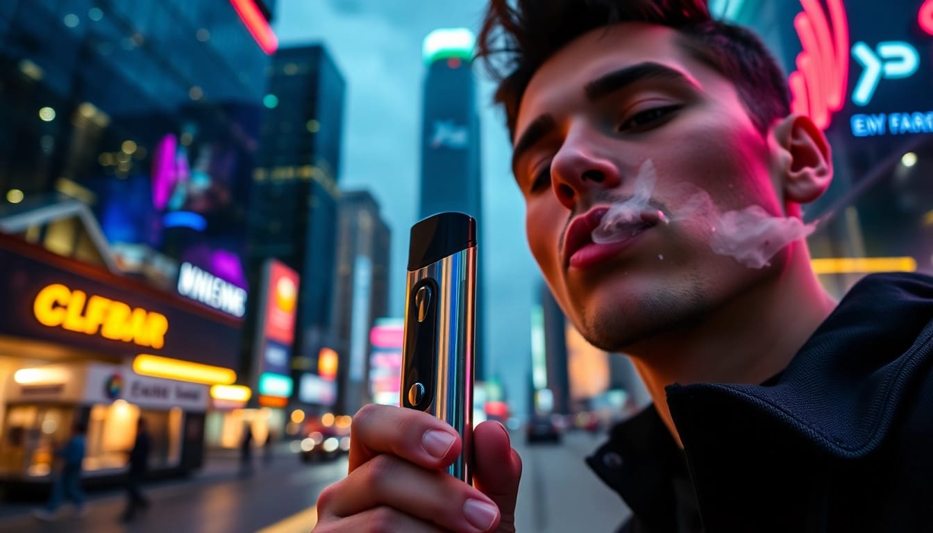 Elfbar genießen in einer urbanen Umgebung mit neonbeleuchtetem Hintergrund