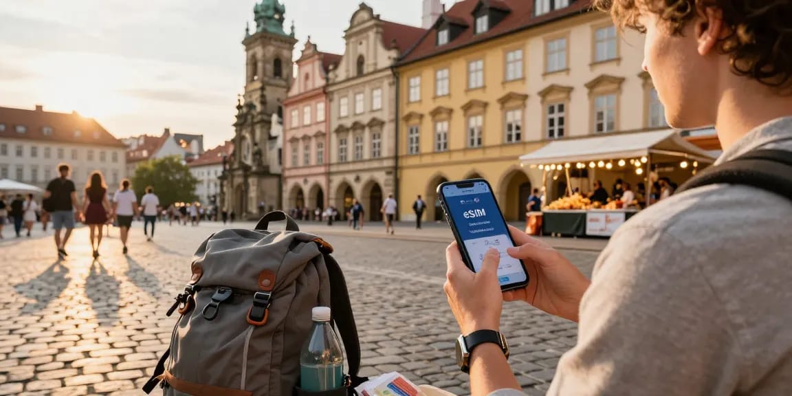 Traveler checking eSIM-Gutscheine deals in a European city during golden hour, with a scenic backdrop and travel essentials.