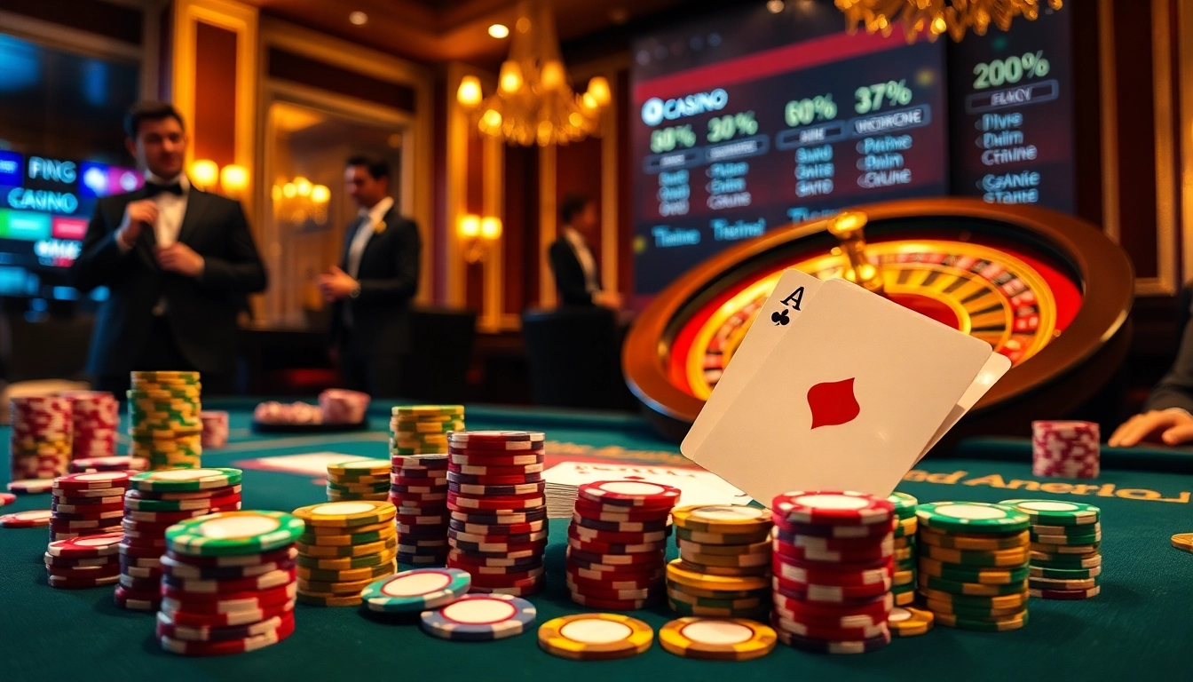 Scène de jeu captivante mettant en avant le site de casino en ligne avec des jetons de poker et une roulette.