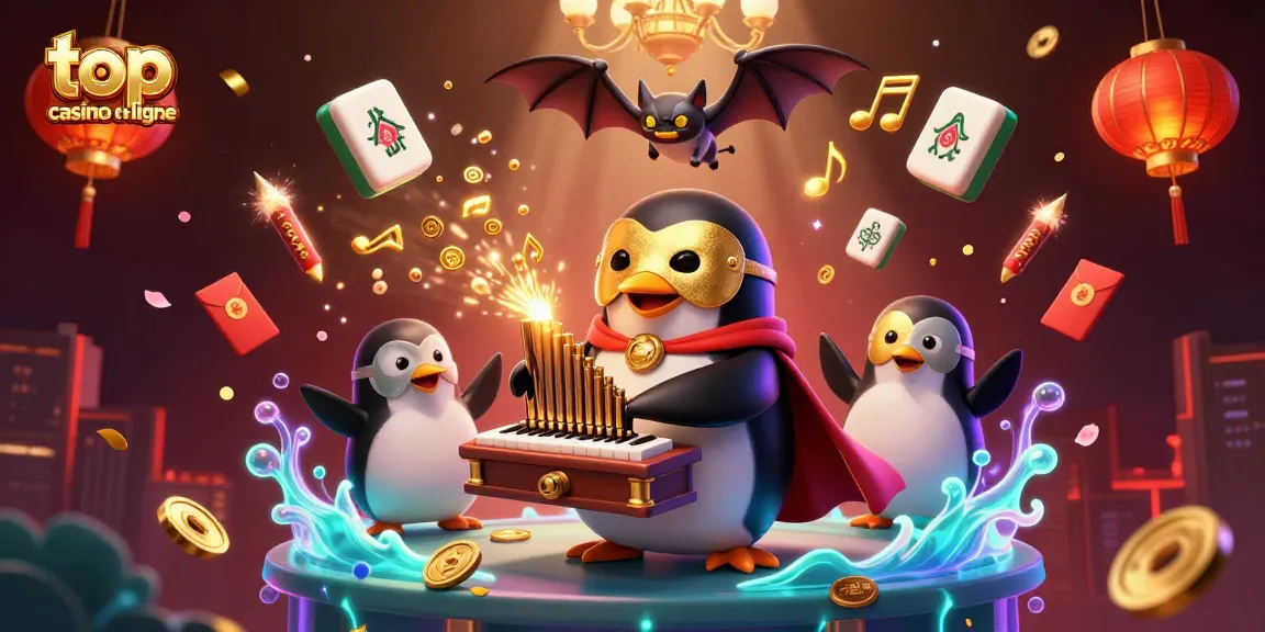 Illustration captivante représentant un casino en ligne, avec le meilleur casino en ligne illustré par un pingouin en masque d'or, des pièces d'or et des lanternes.